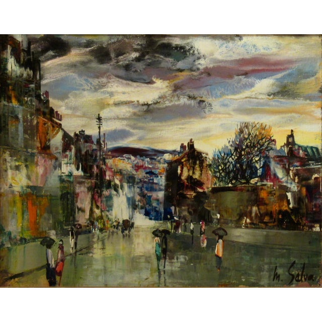 This artwork titled "Rue de Paris Sous la Pluie II" c.1970 is a palette knife oil painting on canvas by French artist Marc...