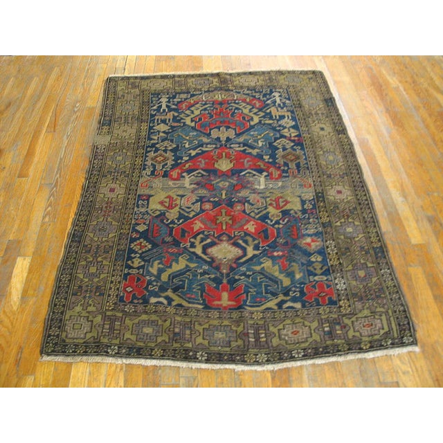 1930s Blue Rustic Geometric Antique Caucasian Rug 4' 2'' X 5' 9'' Knotted Wool Carpet For Sale - Image 4 of 9