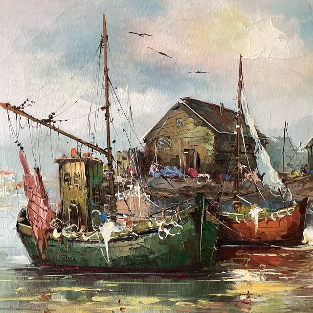 Sky Blue Original Mid 20th Century Painting on Canvas Fishing Harbor Scene Signed Framed For Sale - Image 8 of 12
