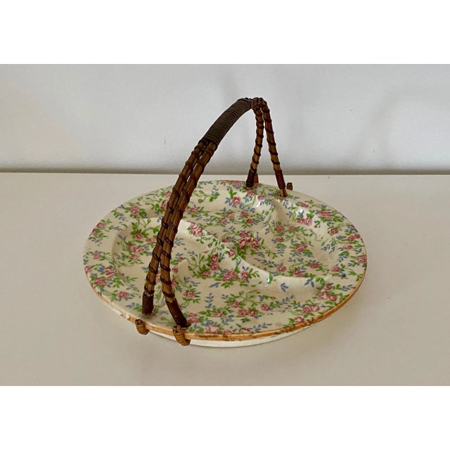 Vintage 1950s Chintz Pattern Divided Dish With Rattan Handle, Made in Japan For Sale In Boston - Image 6 of 8