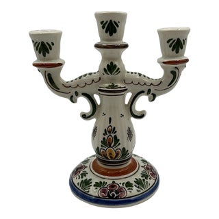 Vintage Royal Delft Holland Style Hand Painted Triple Candle Stick Holder For Sale
