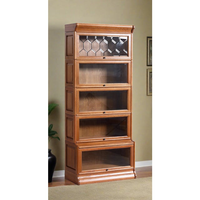 Mission Style Oak Barrister Bookcase 5 Stack-Leaded Glass in Walnut Stain For Sale - Image 18 of 18