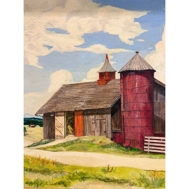 1950s Mid-Century American Oil Painting of Red Barn & Silo, Signed W. Grimshaw For Sale - Image 5 of 14