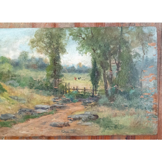 We are selling this English or American landscape oil painting. This painting features a simple country scene with several...