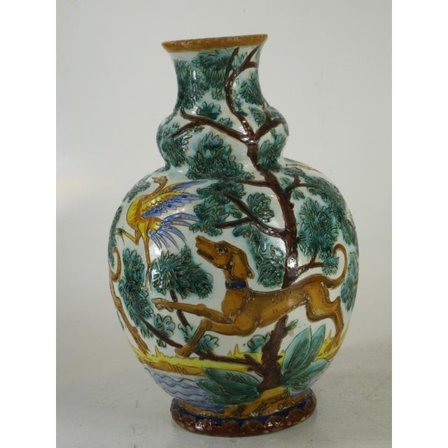 Italian 1900s Large Ceramic Vase Majolica Italian WITH 3 DOG & BIRDS Made Italy Neo-Classic For Sale - Image 3 of 12