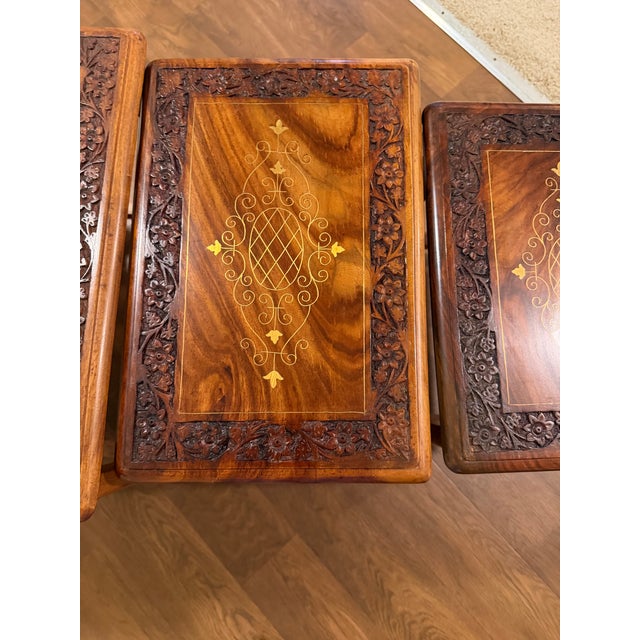 Vintage Hand-Carved Hardwood Nesting Tables Set of 4 With Brass Inlay & Hidden Drawer For Sale In Los Angeles - Image 6 of 7