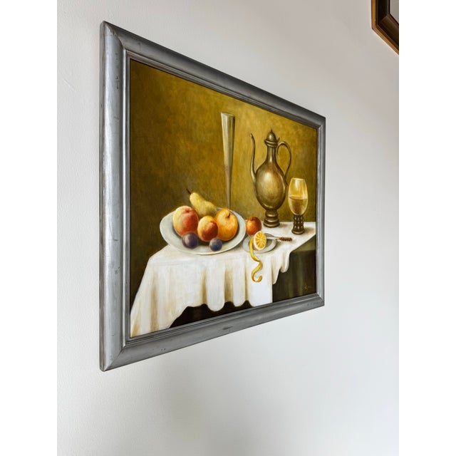 This stunning vintage still life oil painting on canvas, titled " Martwa Natura z Owocami"  (Still Life with Fruits), was...