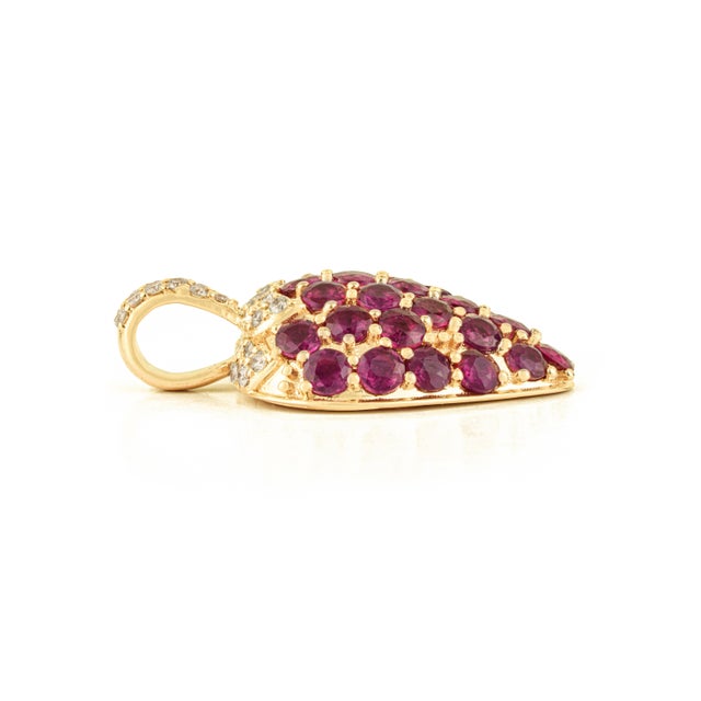 Metal Whimsical Ruby Strawberry Pendant 2.55ct in 14k Yellow Gold With Pave Diamonds For Sale - Image 7 of 16