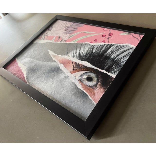 Contemporary RemixD-3 (Rose) by Grant Gilsdorf | Oil on ACM Eye with eyelashes and birds in a torn paper effect For Sale - Image 3 of 4