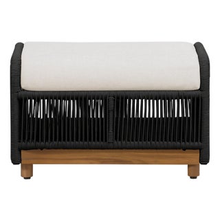 Alpine Teak Wood Outdoor Ottoman With Black - Rope Design For Sale