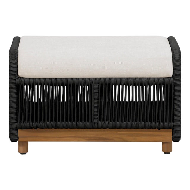 Alpine Teak Wood Outdoor Ottoman With Black - Rope Design For Sale