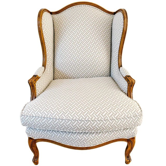 Wood French Provincial Wingback Chairs With Geometric Upholstery Attributed to Baker - A Pair For Sale - Image 7 of 18