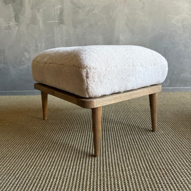 Mid-Century Modern Frances Ottoman Oak Ottoman Upholstered in Genuine Sheepskin With Down Foam Core For Sale - Image 3 of 10