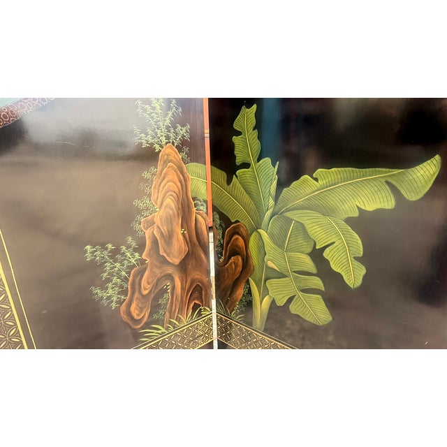 Vintage Chinese Chinoiserie Four-Panel Hand-Painted Black Lacquer Folding Screen For Sale - Image 12 of 14