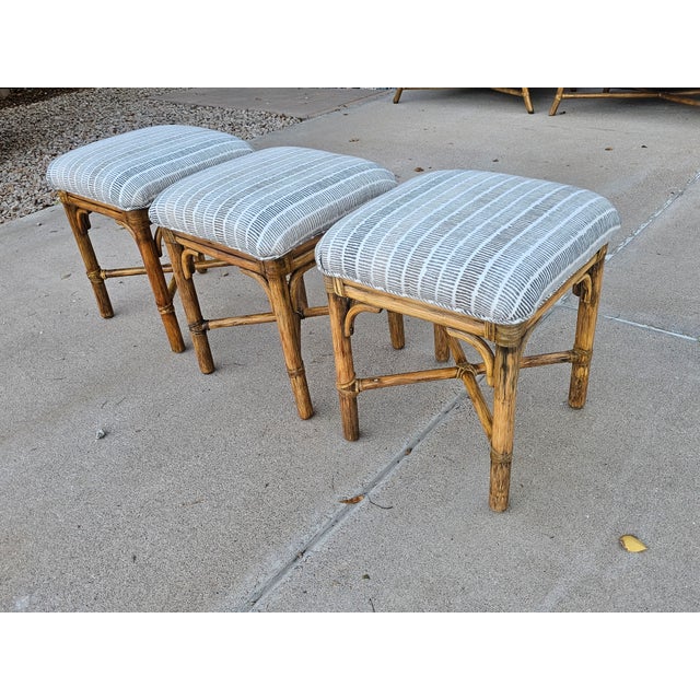 Pair of McGuire Target Back Lounge Chairs With 3 McGuire Footstools For Sale - Image 16 of 18
