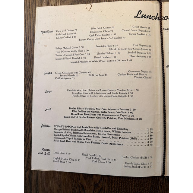 Vintage Plaza Hotel Nyc Luncheon Menu, 1952 For Sale In Portland, OR - Image 6 of 13