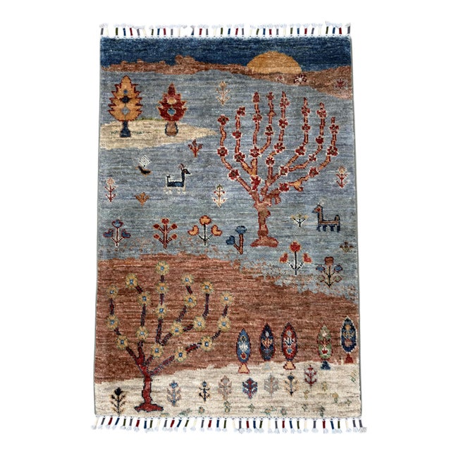 Persian Gabbeh Sunset Landscape Rug, Hand-Knotted Wool, 2x3, Blue & Rust For Sale - Image 3 of 12