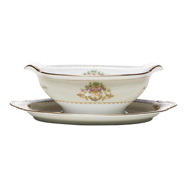 Vintage 1947 Noritake Rose Gravy Boat With Attached Plate - 2 Pieces For Sale