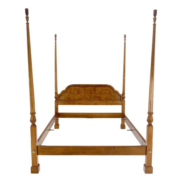 Baker Queen Size Burl Wood Headboard Poster Bed w/ Finials MINT For Sale