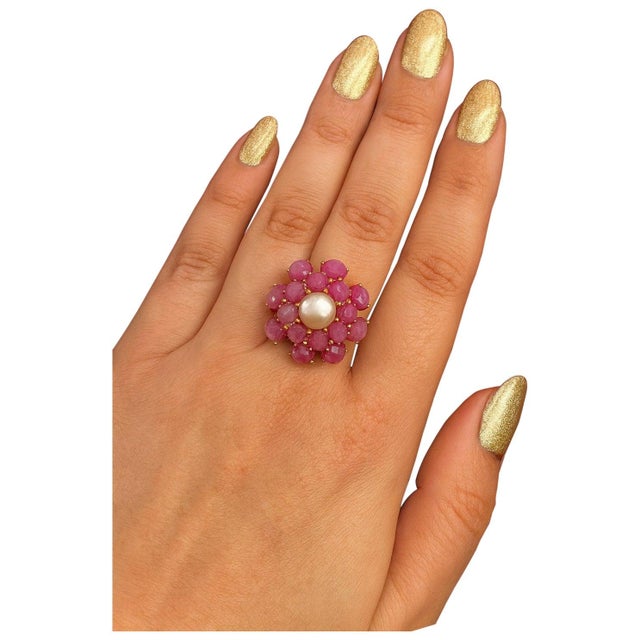 Bochic "Orient" Vintage Ruby & Pearl Ring Set In 18K Yellow Gold & Silver For Sale - Image 15 of 18
