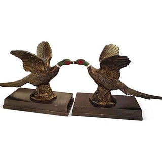 Hand-Painted Brass Pheasant Bookends - A Pair For Sale