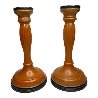 Vintage Art Deco Orange & Black Czechoslovakian Glass Candlesticks, a Pair For Sale
