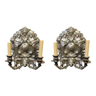 1900's English Baroco Silver Plated Sconces - a Pair For Sale