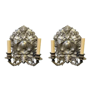 1900's English Baroco Silver Plated Sconces - a Pair