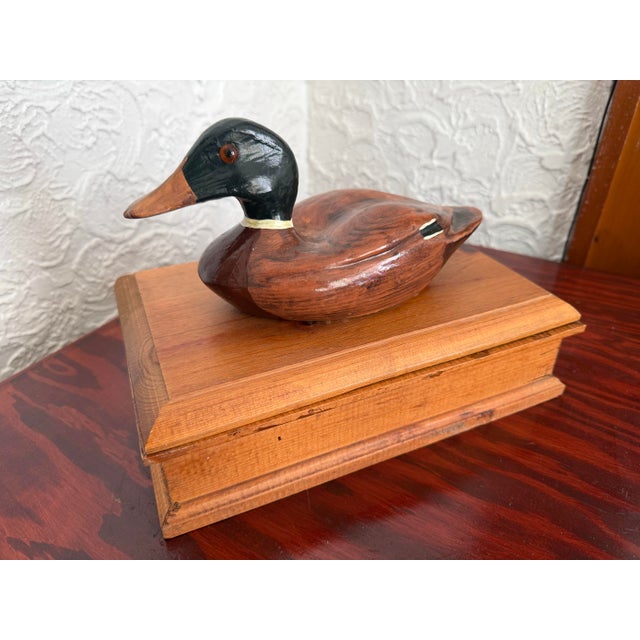 Vintage Folk Art Pine Wood Lidded Box With Mallard Duck Decoy For Sale - Image 6 of 12