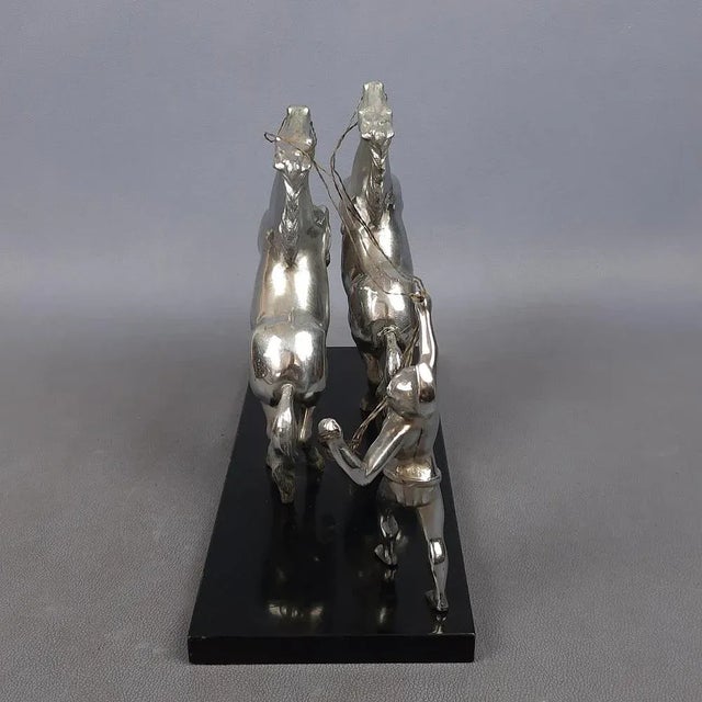 Antique Chromed Metal Sculpture of Roman Horse Trainer on Marble Base, 1930 For Sale - Image 4 of 16