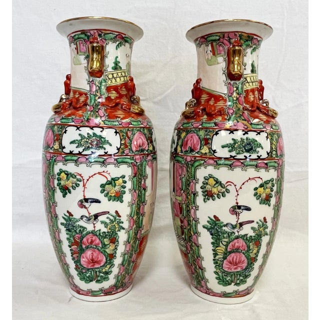 Mid 20th Century Mid Century Asian Famille Rose Vases of Hand Painted Porcelain With Gold Accents- a Pair For Sale - Image 5 of 12