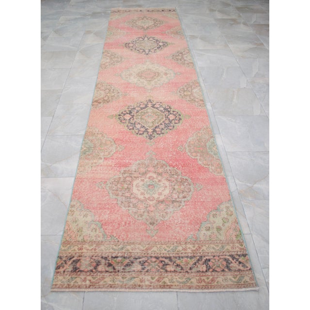 Salmon Long Turkish Hallway Runner 3x13, Muted Pink and Green Oushak Rug, Hand Knotted Vintage Runner, Mid-Century Entryway Rug For Sale - Image 8 of 15