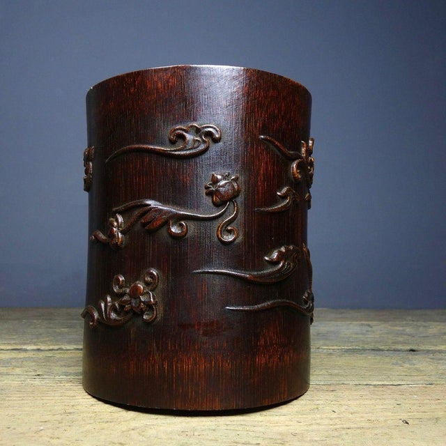 Vintage Chinese Bamboo Carved "Kui Xing" Brush Pot - 610g For Sale In Los Angeles - Image 6 of 9