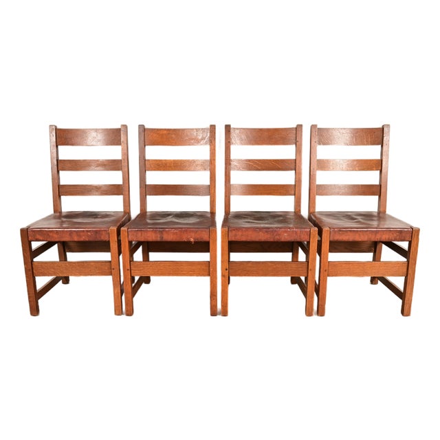 L. & J. G. Stickley Antique Mission Oak Arts & Crafts Ladder Back Dining Chairs | Set of Four For Sale