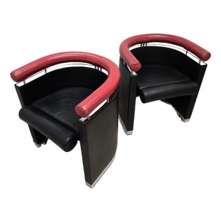 Armchairs in Black and Red Leather Chrome, 1980s, Set of 2 For Sale