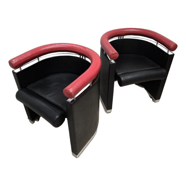Armchairs in Black and Red Leather Chrome, 1980s, Set of 2 For Sale