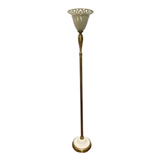 Late 20th Century Lenox X Quoizel Neoclassical Brass & Ivory Porcelain Torchiere Floor Lamp For Sale