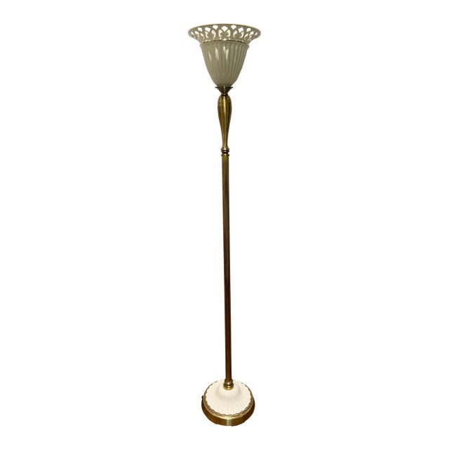 Late 20th Century Lenox X Quoizel Neoclassical Brass & Ivory Porcelain Torchiere Floor Lamp For Sale