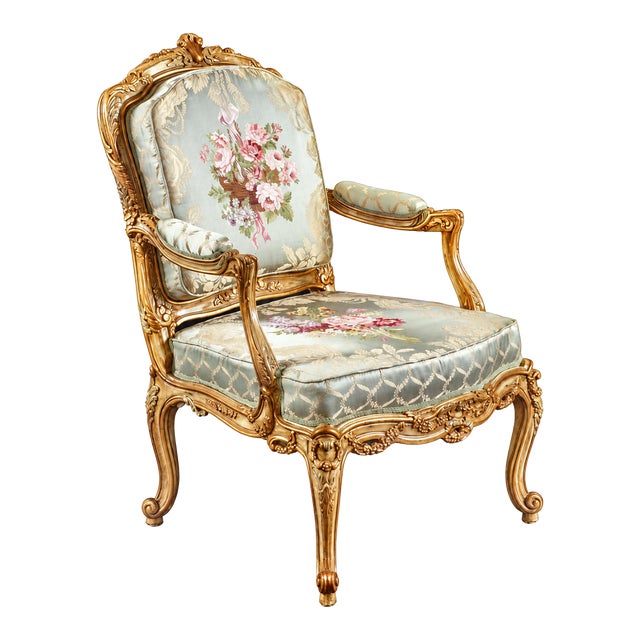 Italian French-Style Carved Armchair With Floral Upholstery For Sale
