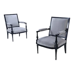 Early 20th Century Pair Ebonized Directoire Armchairs With New Fabric