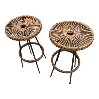 Mid-Century High Bar Stools in Metal and Rattan by Dirk Van Sliedregt for Rohé Noordwolde, 1950s, Set of 2 For Sale
