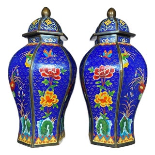Pair of Chinese Cloisonné Enamel Hexagonal Floral Jars With Lids - 16" Tall For Sale