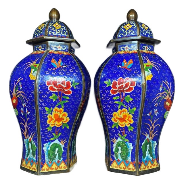 Pair of Chinese Cloisonné Enamel Hexagonal Floral Jars With Lids - 16" Tall For Sale