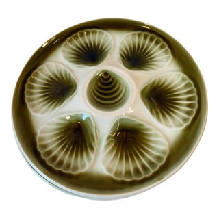Vintage French Dark Green and Ivory Oyster Plate For Sale