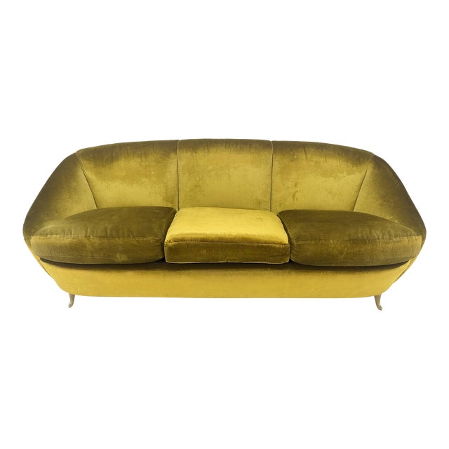 Italian MId Century Modern Gold Velvet Upholstery Cloud Shape Sofa Cast Brass For Sale