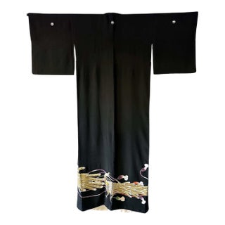 Vintage Japanese Formal Black Silk Kimono with Pheonix Embroidery For Sale