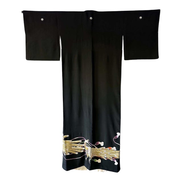 Vintage Japanese Formal Black Silk Kimono with Pheonix Embroidery For Sale