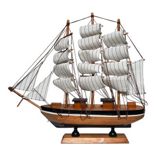 Vintage Americana Nautical Wooden Decorative Clipper Tall Ship Model, Black, White & Brown For Sale