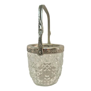 1930s Cut Crystal & Silverplate Ice Bucket With Ornate Foliate Mounts and Drainer For Sale