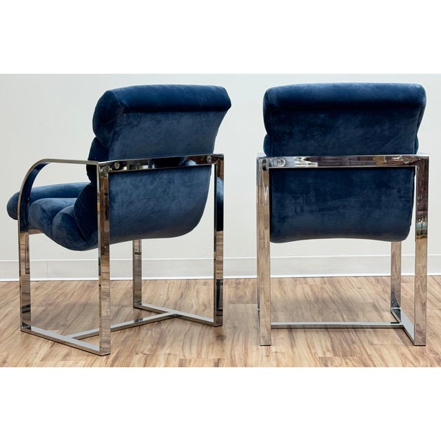 Vintage Newly Upholstered Blue Velvet Chrome Sling Chairs, a Pair For Sale - Image 9 of 18